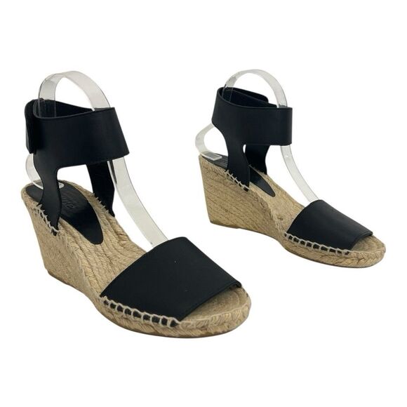 Vince Womens Size 7 Sophie Black Leather Wedge Espadrilles Simona Sandal - Picture 1 of 9